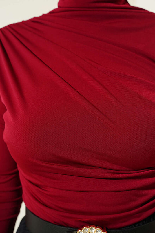 Turtleneck Sandy Blouse with Side Gathering, Burgundy