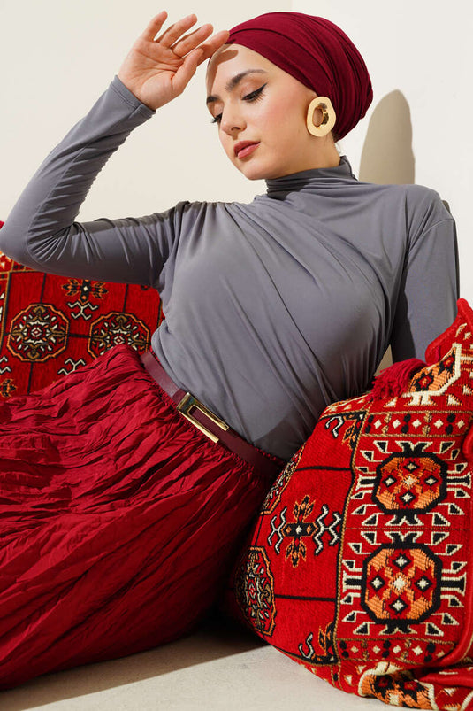 Turtleneck Sandy Blouse with Side Gathering, Slate Grey