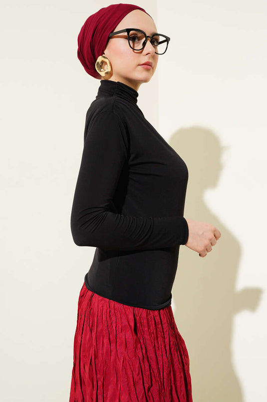 Turtleneck Side Gathered Sandy Blouse Black