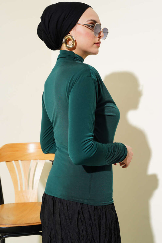 Turtleneck Side Gathered Sandy Blouse Emerald