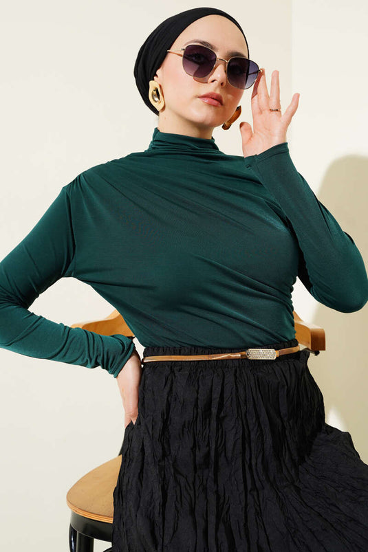 Turtleneck Side Gathered Sandy Blouse Emerald