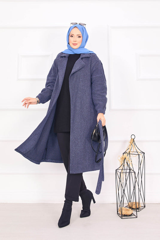 Fishbone Patterned Coat Indigo