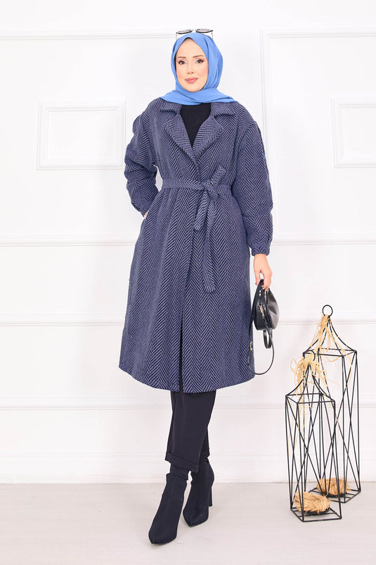 Fishbone Patterned Coat Indigo