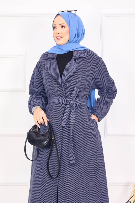 Fishbone Patterned Coat Indigo