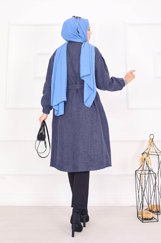 Fishbone Patterned Coat Indigo