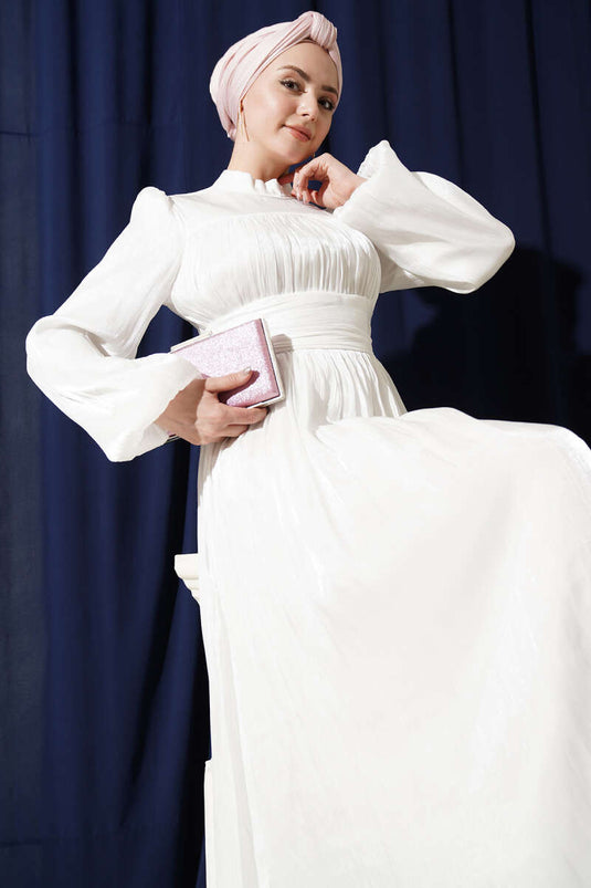 Robe de soirée drapée à manches ballon blanche
