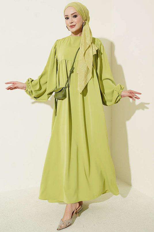Ballonärmel Kleid Mit Elastischer Taille In Olivgrün