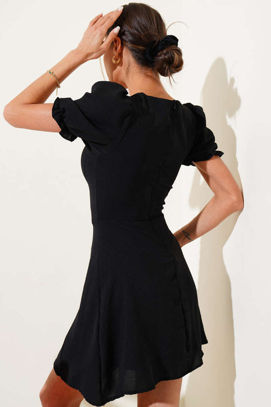 Balon Kol Boydan Düğmeli Mini Elbise Siyah