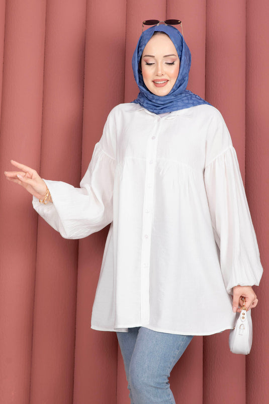 White Balloon Sleeve Gathered Tunic