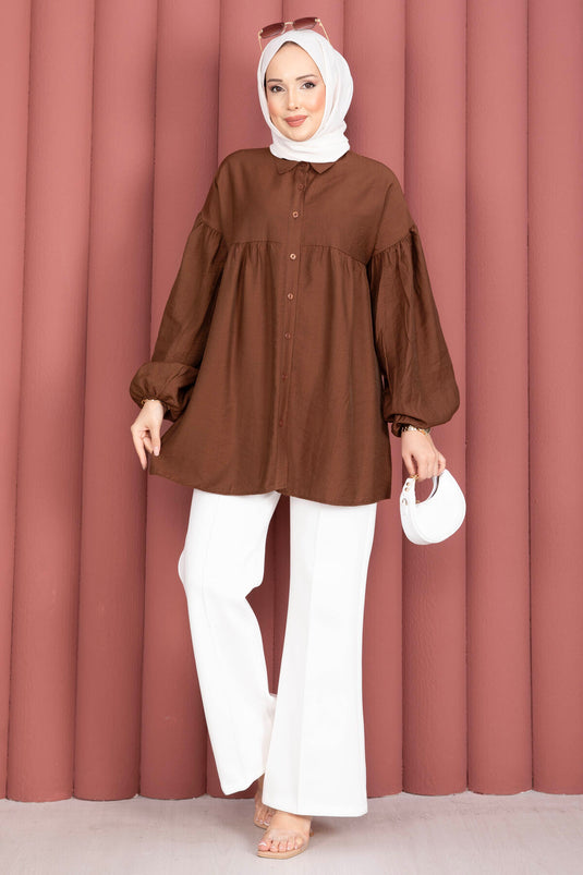 Balloon Sleeve Ruched Tunic Brown