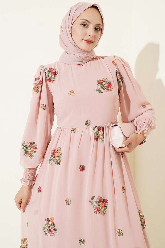 Blumengemusterte Kleid Mit Puffärmeln In Pudraroze
