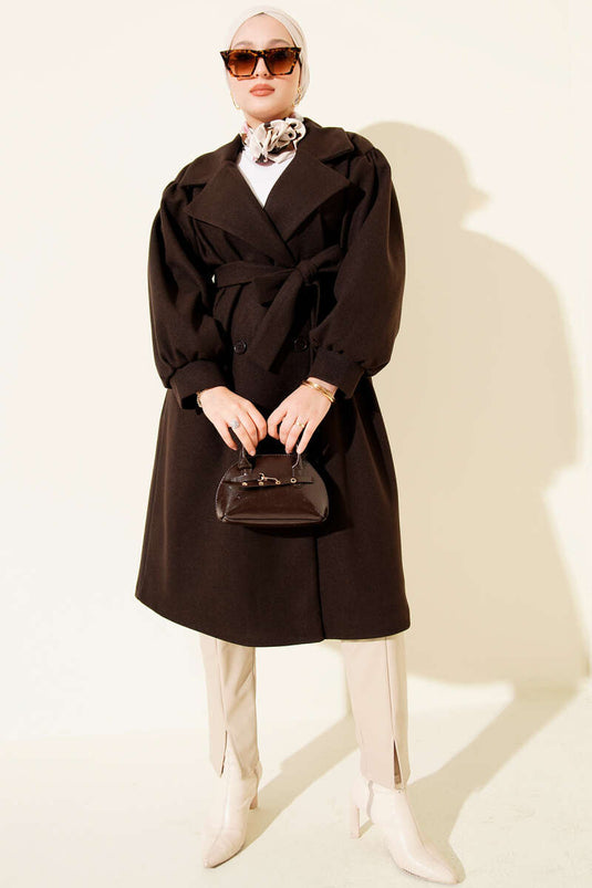 Kaschmirmantel mit Ballonmanschetten, bitterer Kaffee