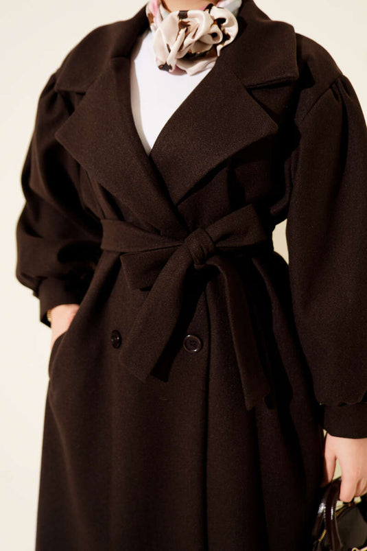 معطف من الكشمير بأزرار أكمام على شكل بالون، قهوة مرة