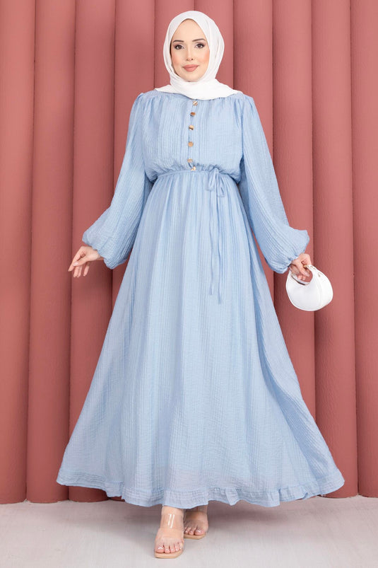 Robe Modeste à Manches Bouffantes et Volants Bleu Bébé