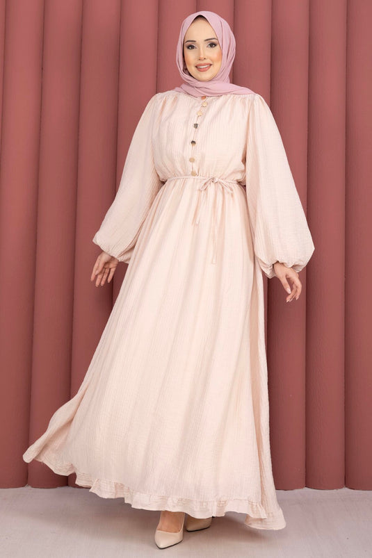 Robe Modeste à Manches Bouffantes et Volants Beige