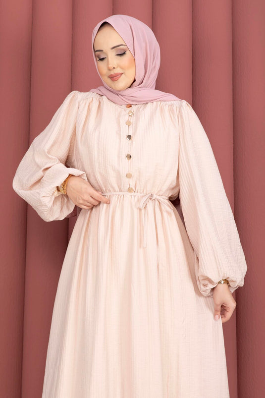 Robe Modeste à Manches Bouffantes et Volants Beige