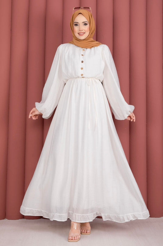 Robe Modeste à Manches Bouffantes et Volants, Couleur Écru