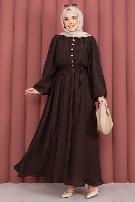 Robe Modeste à Manches Ballon et Ourlet Volanté, Couleur Café