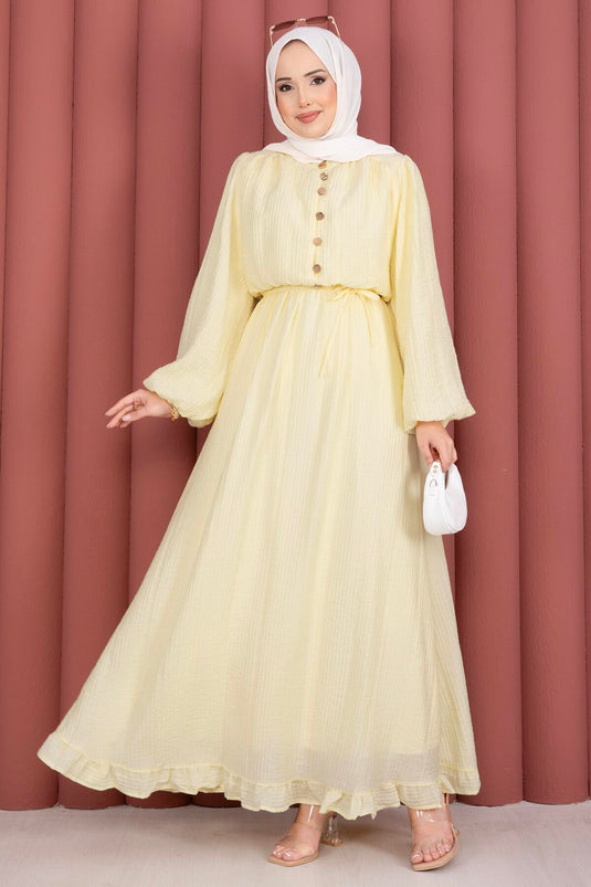 Robe Modeste à Manches Bouffantes et Ourlet Volanté Jaune