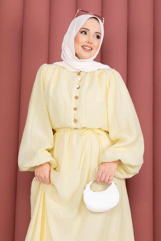 Robe Modeste à Manches Bouffantes et Ourlet Volanté Jaune