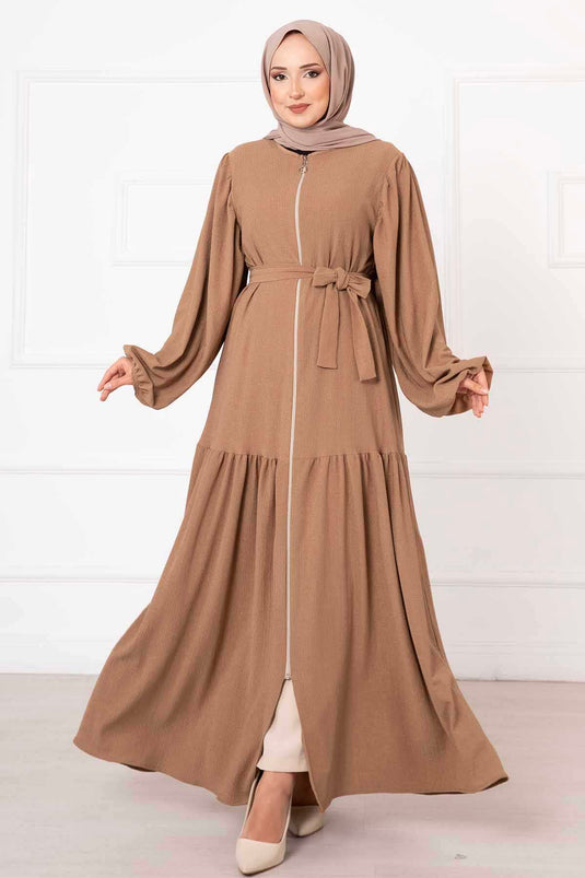 Balloon Sleeve Zippered Abaya Camel