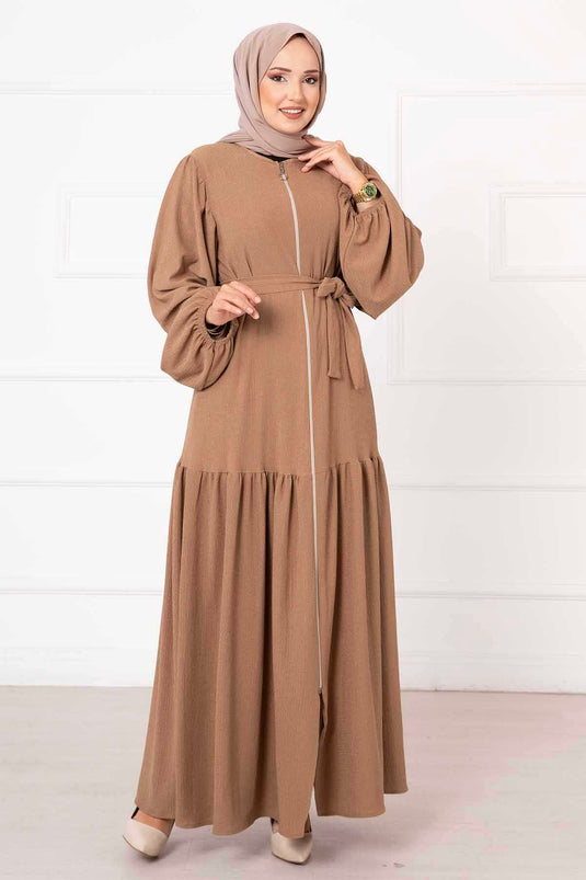 Balloon Sleeve Zippered Abaya Camel