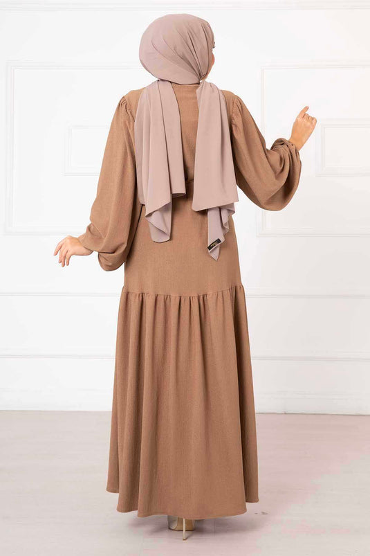 Balloon Sleeve Zippered Abaya Camel