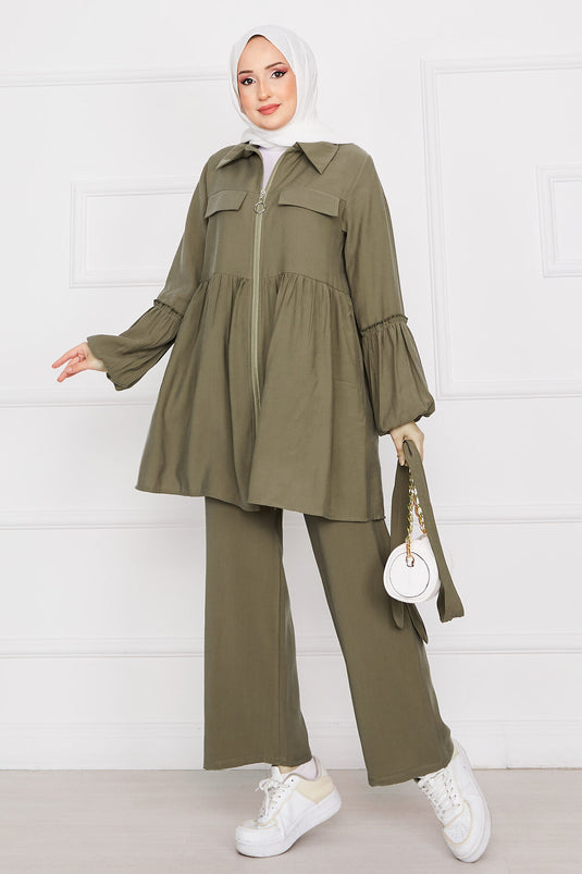 Balon Kol Fermuarlı Tesettür Takım Haki