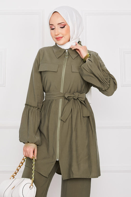 Balon Kol Fermuarlı Tesettür Takım Haki