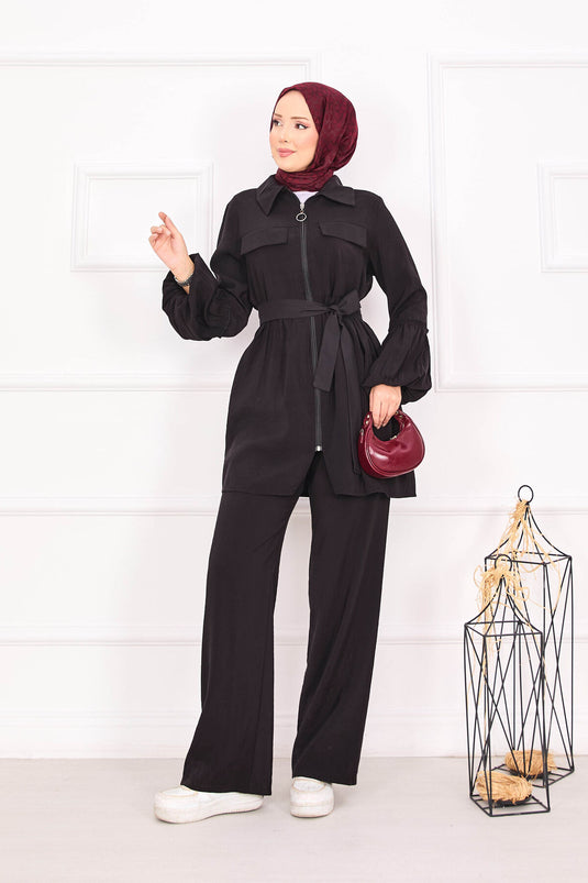 بدلة حجاب بأكمام منفوخة وسحاب باللون الأسود