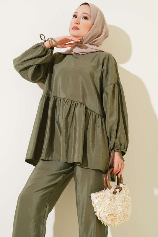 Balloon Sleeve Ruffle Parachute Two Piece Set Khaki