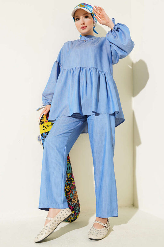 طقم مظلة بأكمام منفوخة من قطعتين باللون الأزرق