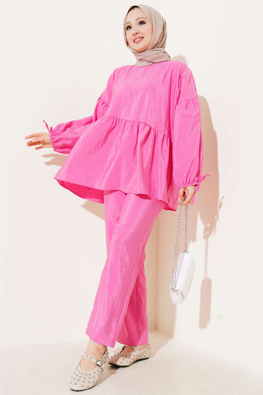 Balloon Sleeve Ruffle Parachute Two Piece Set Pink
