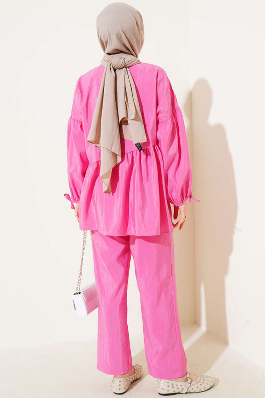 Balloon Sleeve Ruffle Parachute Two Piece Set Pink