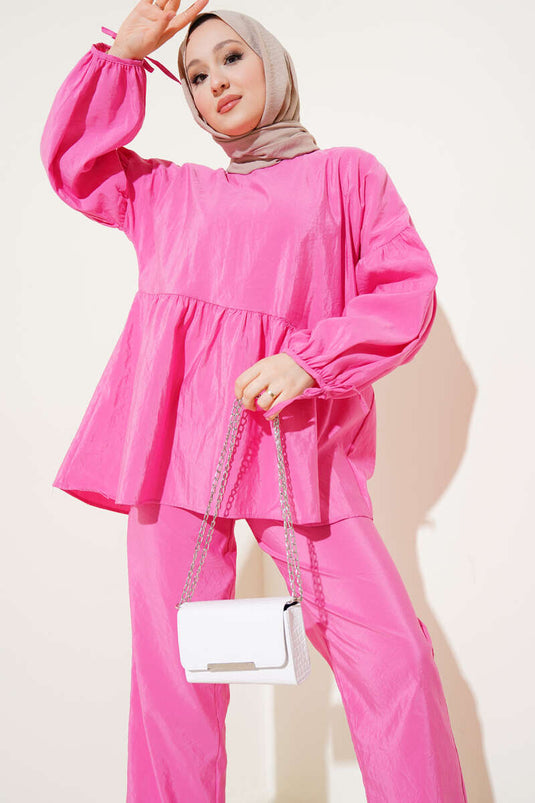 Balloon Sleeve Ruffle Parachute Two Piece Set Pink