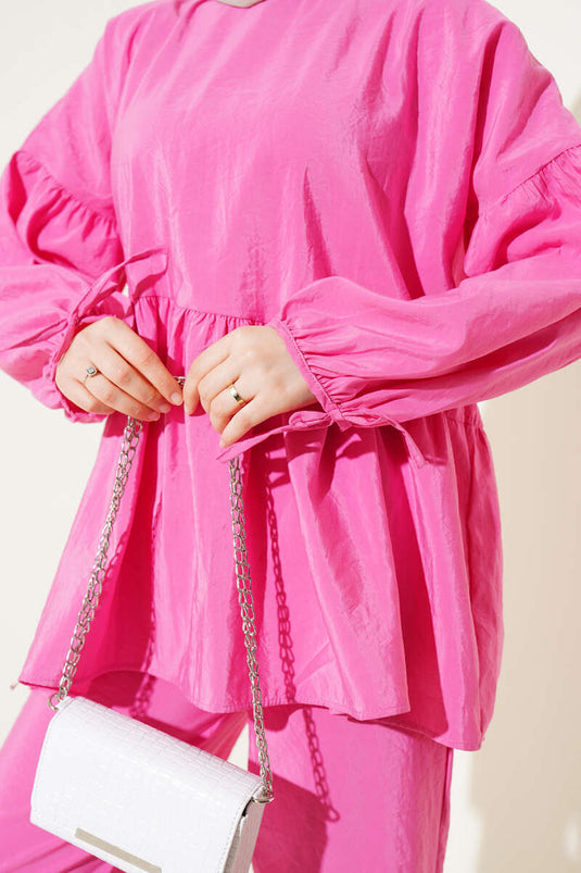 Balloon Sleeve Ruffle Parachute Two Piece Set Pink