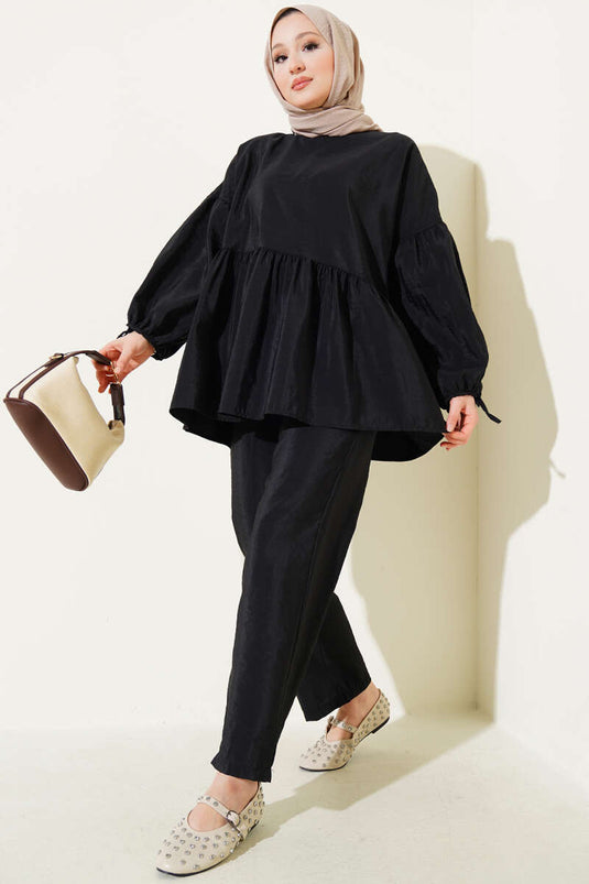 Balon Kol Fırfırlı Paraşüt İkili Takım Siyah