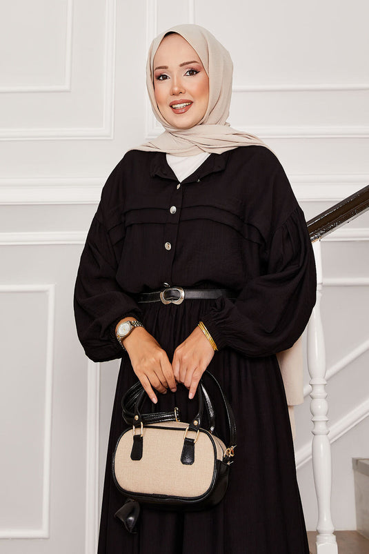 Balloon Sleeve Shirt Skirt Two Piece Set Black