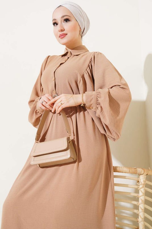 Balloon Sleeve Shirt Collar Dress Biscuit