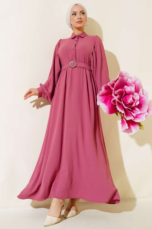 Balloon Sleeve Shirt Collar Dress Rose Pink