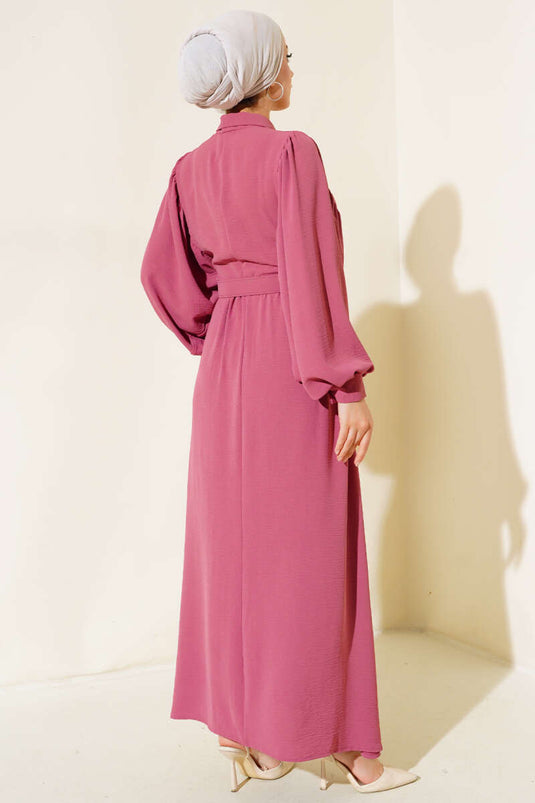 Balloon Sleeve Shirt Collar Dress Rose Pink