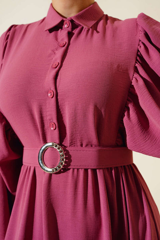 Balloon Sleeve Shirt Collar Dress Rose Pink