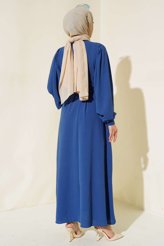 فستان بياقة قميص وأكمام بالون نيلي