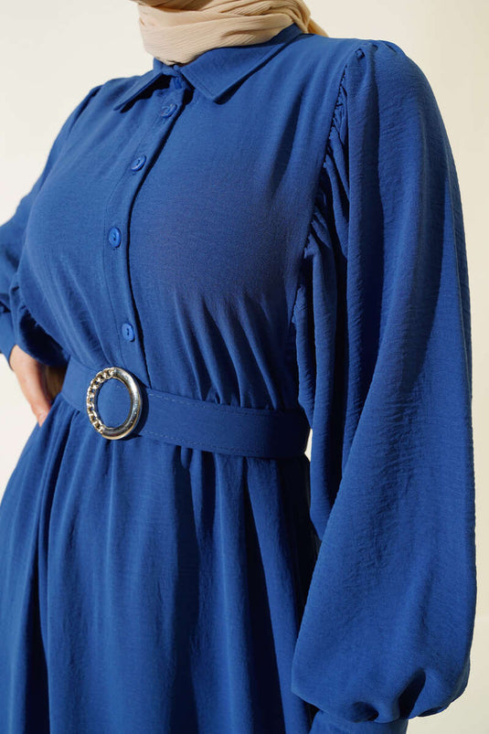 فستان بياقة قميص وأكمام بالون نيلي