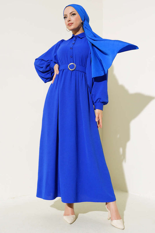 Balon Kol Gömlek Yaka Elbise Mavi