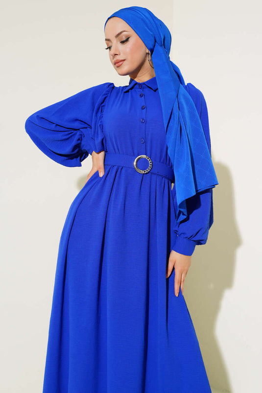 Balon Kol Gömlek Yaka Elbise Mavi