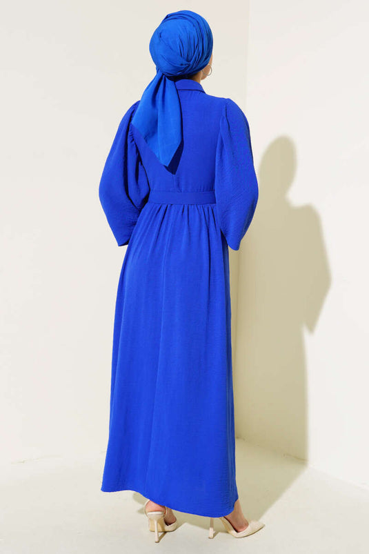 Balon Kol Gömlek Yaka Elbise Mavi