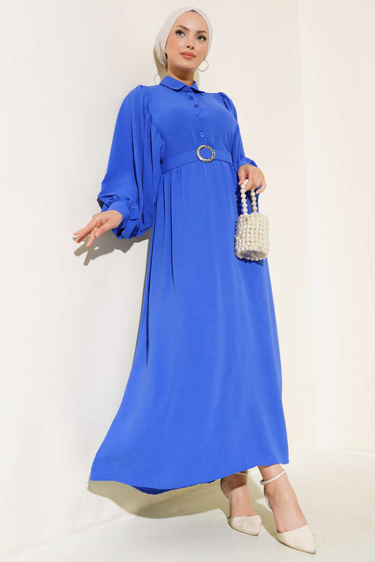 Balon Kol Gömlek Yaka Elbise Saks