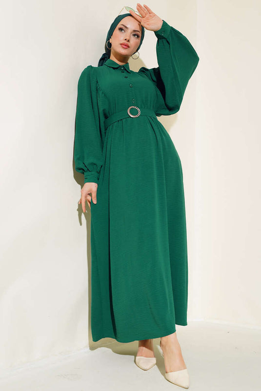 Robe à manches bouffantes et col chemise émeraude