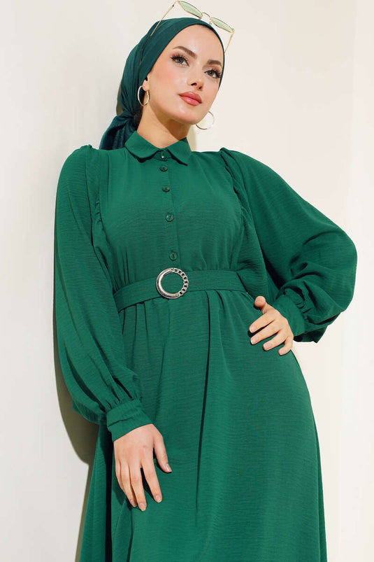 Robe à manches bouffantes et col chemise émeraude